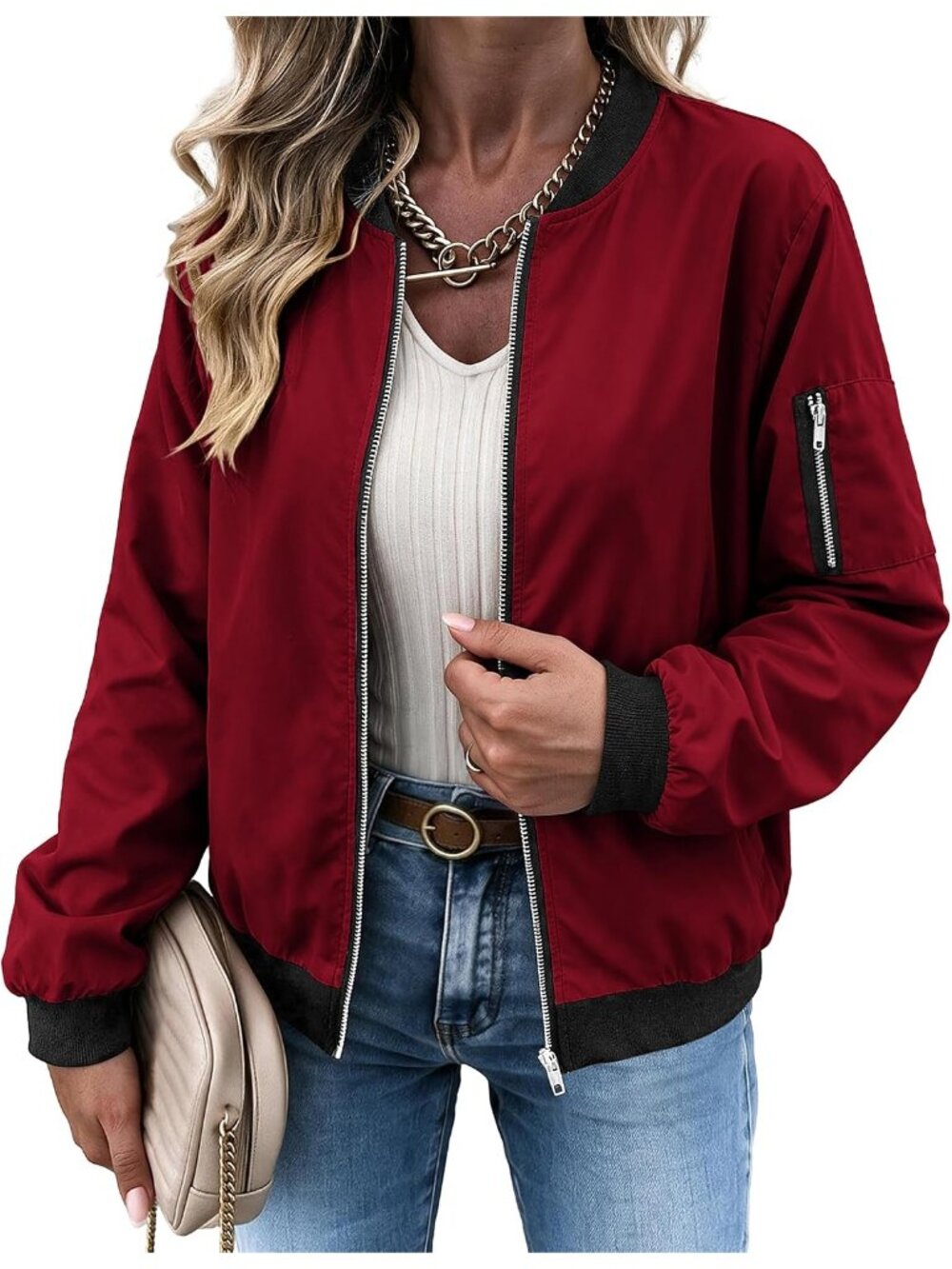 〽️Women's Red Casual Lightweight Spring Fall Clothes With Pockets Bomber Jacket